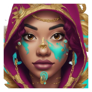 Vintage patina intricate swirls gold jewellery baroque raven wings angel tropical Deep pink maroon burgundy cyan dark hoodie man vitiligo dyed hair gold piercings nose piercing ear piercings sticker