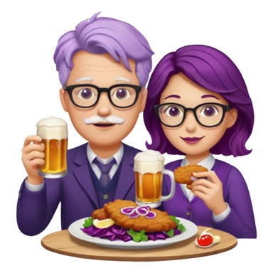 German man with glasses and woman with glasses eating schnitzel, red cabbage, potatoes, and drinking a beer sticker