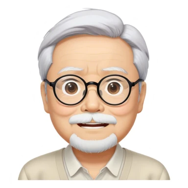 ​Cinematic Realistic Portrait of Hayao Miyazaki, depicted with defined black eyebrows, and large rectangular glasses, his happy expression rendered in lifelike detail, illuminated with soft, realistic lighting that emphasizes his creative genius, sticker