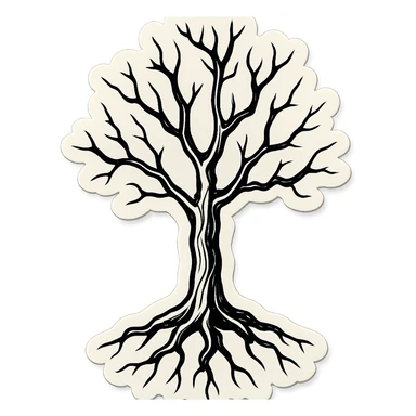 lonely dry tree with roots, contour style, sharp black lines, clear shadows and highlights, no gradients, retro stickers style sticker