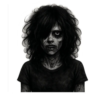 creepy emo zombie girl, black curly medium-long hair, shaggy, dark, spooky expression sticker