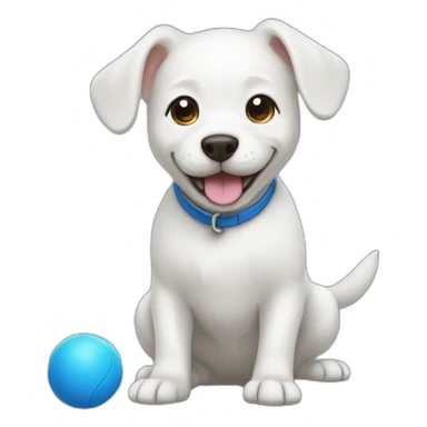 white dog playing with a blue ball sticker