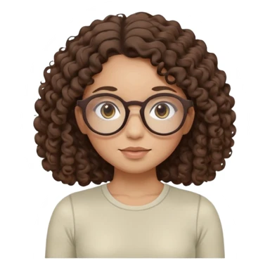 Memoji-style illustrated girl with dark brown curly hair, round glasses, large brown eyes, soft rounded face, warm beige skin tone, wearing neutral Pilates activewear, calm wellness aesthetic, pastel colors, sticker-style digital illustration, smooth shading, white outline. sticker
