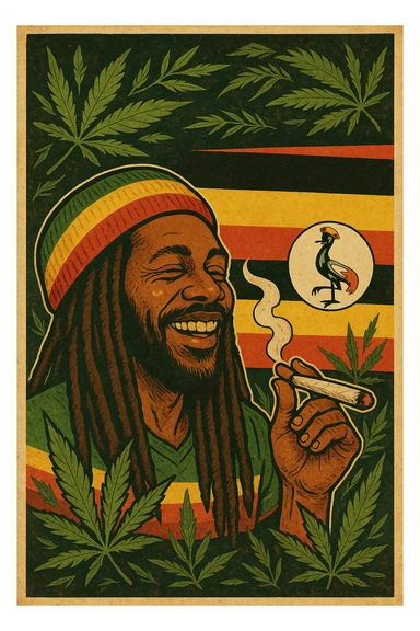 “A digital vintage-style poster illustration of a smiling Ugandan Rasta man with long dreadlocks, wearing a red, yellow, green striped tam hat. He is smoking a herbal spliff. The background features the authentic Uganda flag with accurate black, yellow, and red horizontal stripes, and includes the official grey crowned crane emblem on the right side. Surround the scene with stylized cannabis leaves and Rasta colors to enhance the reggae vibe. Use a warm, textured retro color palette and artistic shading to give it a nostalgic roots feel. The mood should be positive, vibrant, and soulful — honoring Ugandan culture and Rasta lifestyle.” sticker