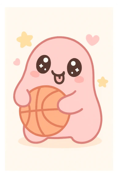 goofy pink creature with a basketball, exaggerated silly face, kawaii style sticker