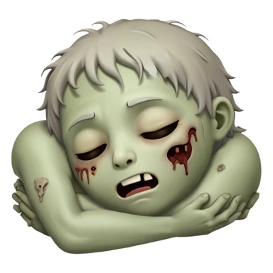 Meme-Worthy Cute Sleeping Zombie Portrait Emoji, with a delightfully quirky, slightly disheveled decaying face in soft ashen hues, head tilted back in peaceful, relaxed sleep with softly closed eyes and a tiny, endearing smile, simplified yet irresistibly charming, highly detailed with a soft eerie glowing outline that captures the gentle, unexpected cuteness of a zombie in serene repose! sticker