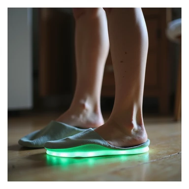 realistic style woman standing with natural relaxed posture, orthopedic insole visible in shoe, foot with green glow symbolizing benefit, domestic environment sticker