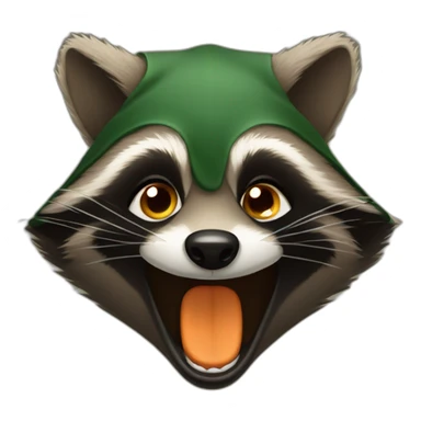 brown raccoon with orange eyes and a dark green hood that is laughing sticker