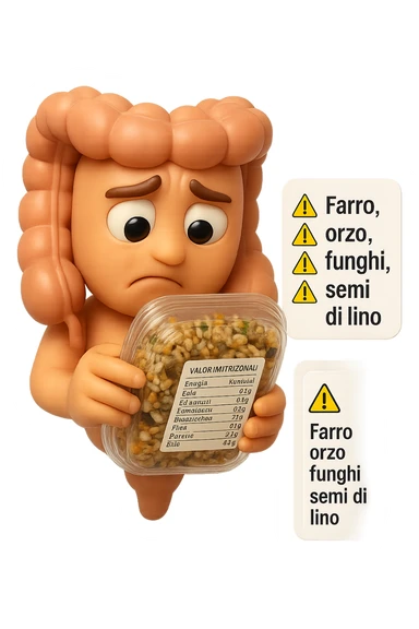 SU QUESTO STILE FAI UN EMOJI STILE IPHONE 3D DI UN INTESTINO CHE HA IN MANO UN insalata di farro mista CONFEZIONATa DA SUPERMERCATO E LEGGE L'ETICHETTA NUTRIZIONALE CON GLI INGREDIENTI IN ITALIANO, ACCANTO ALL'insalata CHE HA IN MANO C'è UN FOCUS SULL'ETICHETTA CON GLI INGREDIENTI SCRITTI, "Farro, orzo, funghi, semi di lino" accanto ad ogni nome scritto mettici un segnale di allarme, FAGLI UN ESPRESSIONE CONFUSA MENTRE LEGGE E FALLO MOLTO REALISTICO IN 3D sticker