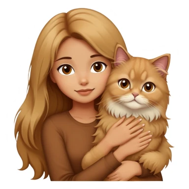 A pretty girl with long brown hair is hugging her blonde Persian cat. The girl has brown hair, and only the cat is blonde. sticker