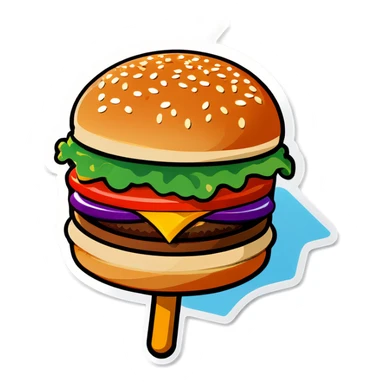 Burger with large stick sticker