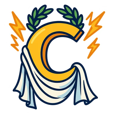 cartoonish letter C with features inspired by Greek gods of Olympus, such as a laurel wreath, lightning, and flowing robes, representing Chronos, only the letter C sticker