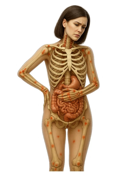 donna realistica a figura intera con red spot sparsi alle ossa, ossa del corpo visibili sul corpo, non sul volto iperrealistico 4k sticker