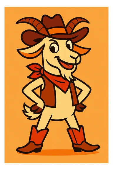 a goat dressed as a cowboy, wearing a hat and boots, standing confidently, cartoon style, vibrant colors sticker