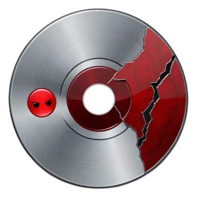 Minimalist emoji-style sticker of a single CD with a sharp crack and a dried blood spot. View from above, black, gray, and muted red.
 sticker