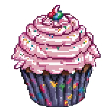 giant cupcake with pink icing and colorful sprinkles in pixel art style sticker