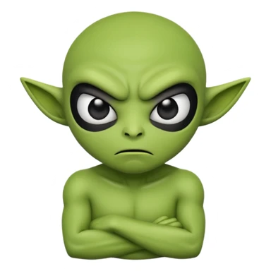 An emoji-style alien face with an angry expression, green skin, large black eyes, furrowed eyebrows, and a slanted side turned mouth, arms folded across chest showing contempt sticker