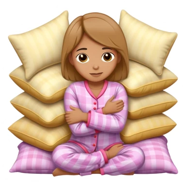Mujer en pijama abrazandose con almohadas alrededor sticker