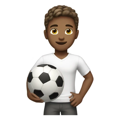 A boy with dark blonde hair, holding a soccer ball in his hand, wearing a white shirt. sticker
