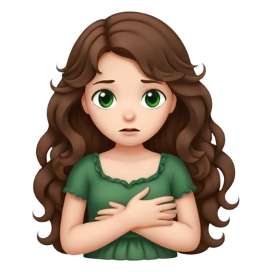 Sad Girl with curled brown long length hair and dark green eyes with belly ache sticker