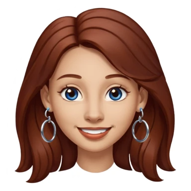 Create a custom emoji-style character inspired by a smiling woman with long dark reddish-brown hair, light skin tone, dark blue eyes, a nose piercing on each nostril, and hoop earrings. sticker