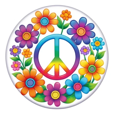 A round psychedelic colored button that says love, peace, and joy with rainbow colored hippie style flowers sticker