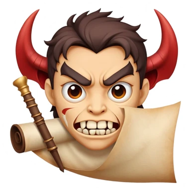 cartoon face holding a scroll parchment in mouth like a Demon Slayer character sticker