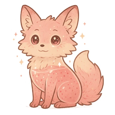 soft fluffy fox with transparent body filled with fruity smoothie, sparkling eyes, pastel pink color palette, full-body sticker