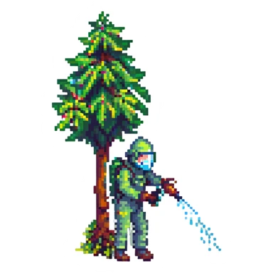 A gardener in protective suit and mask spraying a tree with a sprayer, performing chemical pest control. Bright green garden with trees, visible spray droplets, atmosphere of professional plant protection and garden care sticker