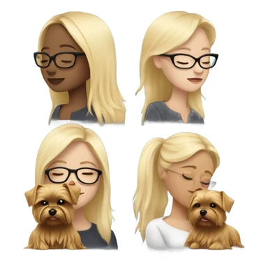 White girl blonde hair eyes closed wearing glasses hugs Yorkshire terrier  sticker