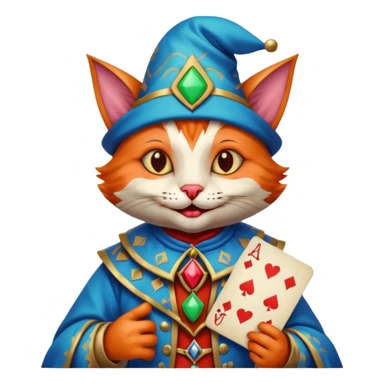 crazy colorful cute little cat jolly joker from poker, medieval, vintage, court jester, mac os icon, blue color, poker cards, mage sticker