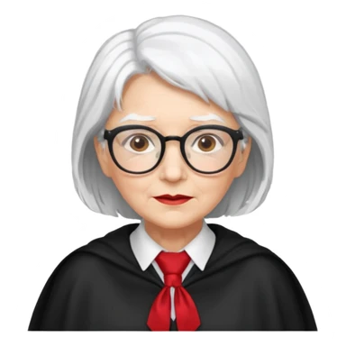 An older woman with glasses and white hair, in a red tie and black cape sticker