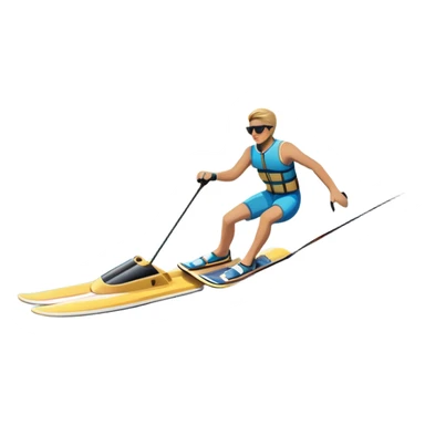 A humanless icon showing a pair of water skis skimming across the surface of a lake, with a skier in motion. The design includes a wake behind the skier, splashing water, and the sun reflecting on the water. Transparent background highlights the speed and thrill of water skiing. sticker