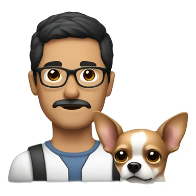 dark hair dark eye man with short mustache wearing glasses holding chihuahua sticker