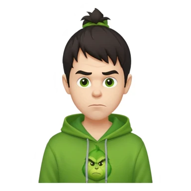 Create an avatar of white European with dark hair  male in hoodie with ``BST`` letters on it. Make background to look like from movie Grinch. make him look to left side sticker