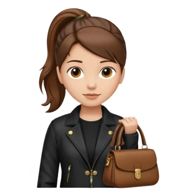 A girl with a pony tail brown hair and white ish skin with a black jacket and a brown purse sticker