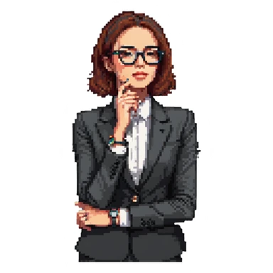 pixel art image of a businesswoman in a suit, waist up, hand under chin, looking to the side thoughtfully, wearing stylish glasses, luxury watch visible on wrist, contemplative and curious mood, clean background sticker