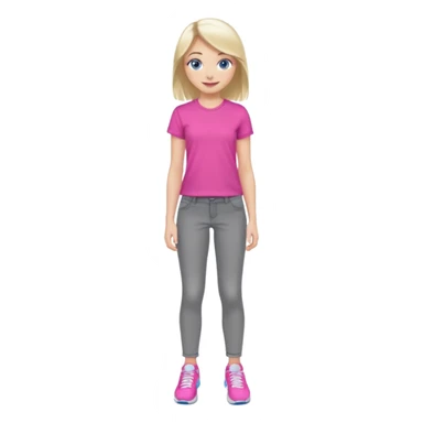 beautiful girl with fair hair, blue eyes, in a vivid pink shirt, grey jeans and white trainers sticker