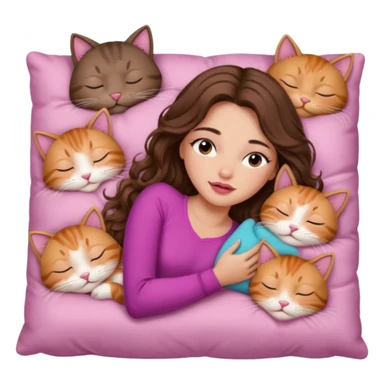 girl with long wavy brown hair, brown eyes, long lashes makeup, sexy pink lips, light to medium complexion,  sleeping on a cozy pillow, with 6 cats, sleeping sticker