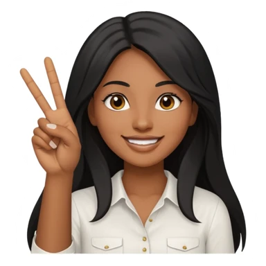 pretty brown skin woman with long black hair and brown eyes holding up the peace sign sticker