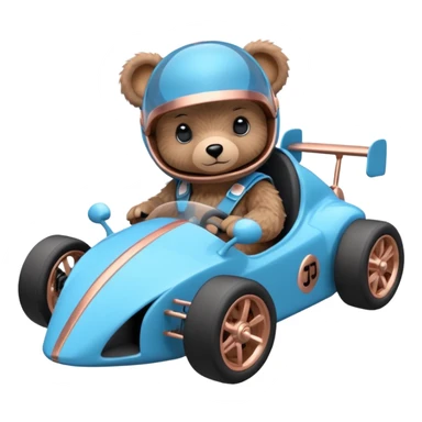dark crystal blue and rosegold-accented faceted-body electric racing car driven by a small cute but fearless teddy baby bear with rear spoiler, roll bar, and wheely bar sticker