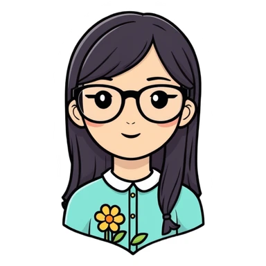 A girl who has straight hair with a flower on her hair,has glasses sticker