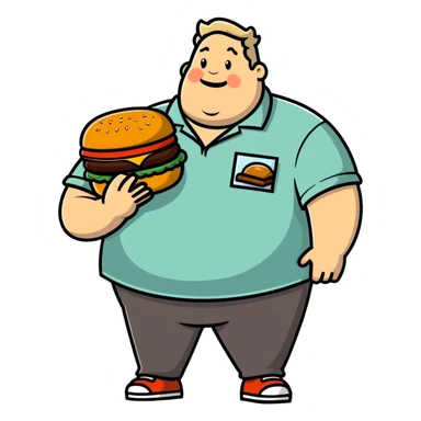fat man with a shirt that doesn't fit him and has grease stains, holding a burger sticker
