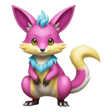 realistic Shiny smooth silky soft Cyan-Yellowish-Magenta Minccino-Zeraora-Emolga-Vernid-Sergal-fusion-hybrid-animal-creature, full body sticker