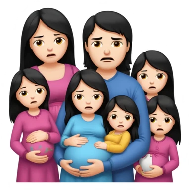 pregnant woman with long black hair crying, angry husband beside her, five little girls with them sticker