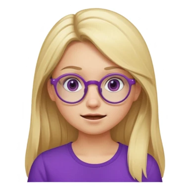 una chica rubia con el pelo largo, gafas redondas, vestida con un top morado, y con diferentes expresiones sticker