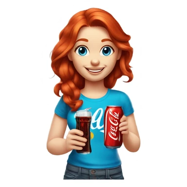 red-haired beautiful blue-eyed girl with fair skin in a T-shirt with a smiley face and a smile with a Coca-Cola in her hands sticker