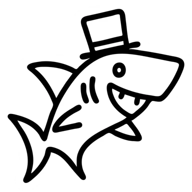 a playful shark character with a top hat, bold lines, outlined icon style sticker
