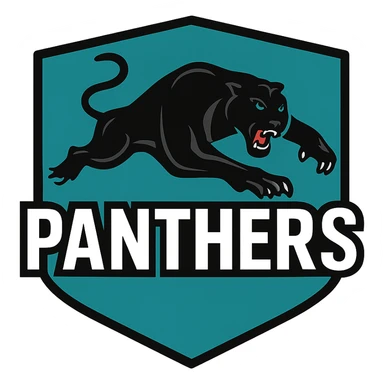 Penrith Panthers emblem, shield shape, stylized panther, black and teal color scheme, dynamic sports logo sticker