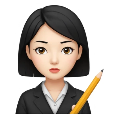 a korean cosmetics marketing expert women with black hair, holding a pencil sticker